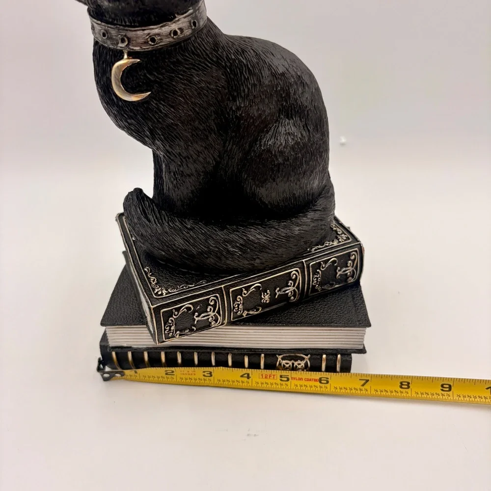 Black Cat Witch Figurine on Spell Books Gothic Halloween Decor Green Eyes Hat